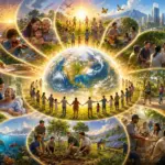 Glowing Earth and united people symbolise purpose, hope, and global harmony.