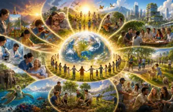 Glowing Earth and united people symbolise purpose, hope, and global harmony.