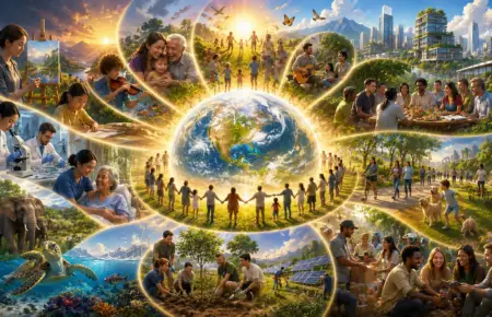 Glowing Earth and united people symbolise purpose, hope, and global harmony.