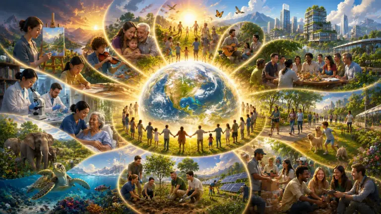 Glowing Earth and united people symbolise purpose, hope, and global harmony.