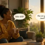 Spirituality or Friendship with GOD? Woman in sunset-lit room chatting with God, mug in hand, warm spiritual atmosphere.