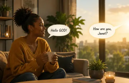Woman in sunset-lit room chatting with God, mug in hand, warm spiritual atmosphere.