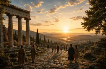 Sunset over ancient stone ruins, cobbled terrace, and silhouetted figures.