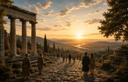 Sunset over ancient stone ruins, cobbled terrace, and silhouetted figures.