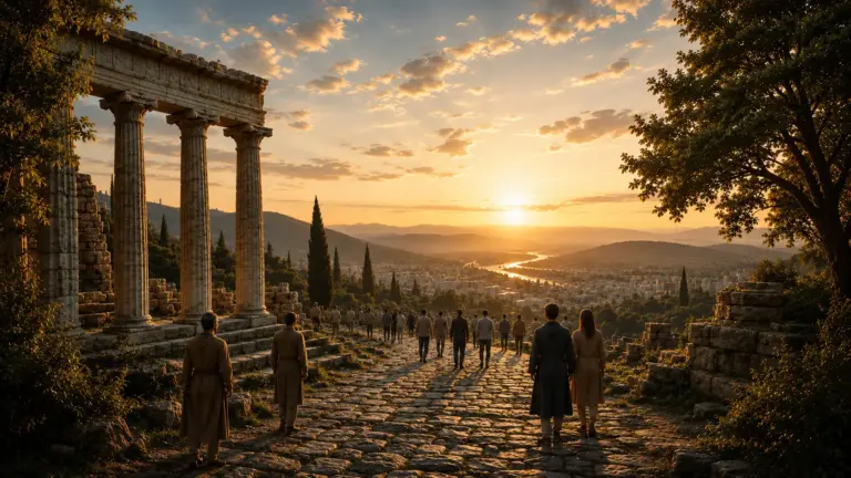 Sunset over ancient stone ruins, cobbled terrace, and silhouetted figures.